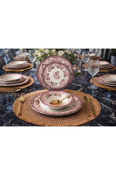 Onedekor 24 Parça 6 Kişilik Porselen Yemek takımı Velour Maroon