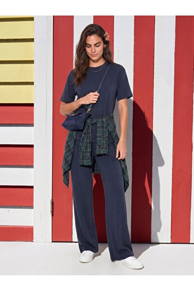 ONLOOX Indigo Flexible Modal Viscose Fabric Crew Neck Top and Bottom Set with...