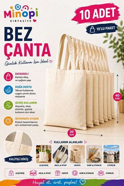 Minopi ( 10 Adet ) Bez Çanta Bez Torba 30x40 cm Ham Krem
