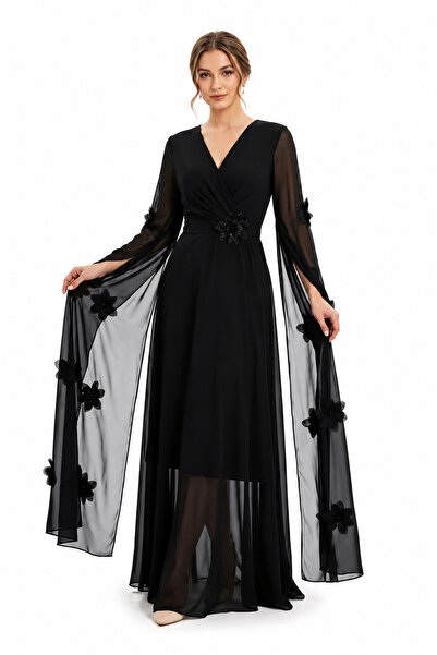 unbranded Women's Black Chiffon Maxi Evening Dress with Floral Appliqué Cape ...