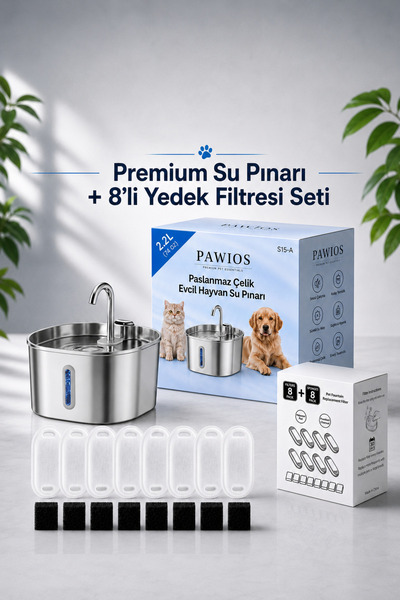 2.2L Paslanmaz Çelik Kedi Köpek Su Pınarı/Su Sebili Model : S15-A + 8'li Aktif Karbon Yedek Filtre Seti | Başlangıç Paketi