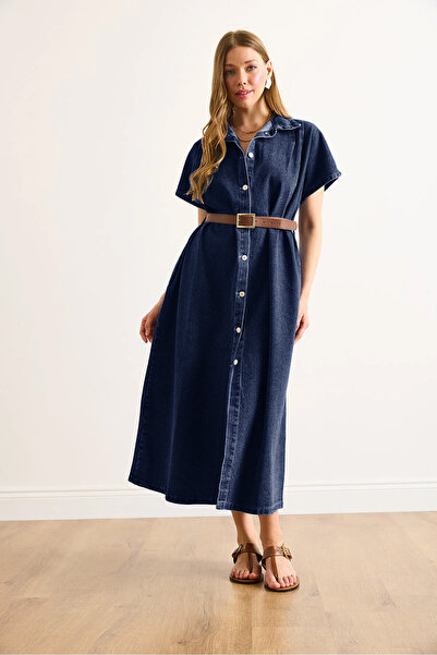 Olalook Rochie maxi din denim pentru femei, albastru închis, cu mâneci liliac...