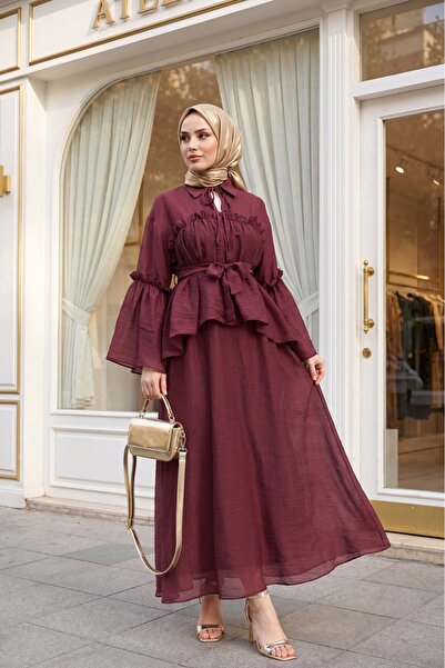 Modamorfo Collared, Ruffle Detailed, Lined, Belted Tulle Voile Dress - Burgundy