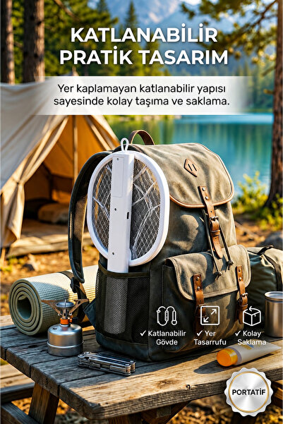Maybax UV Mavi Işıklı Şarjli Masaüstü Raket Sinek Öldürücü Beyaz/Gri 1200mAh 3000V Çıkış