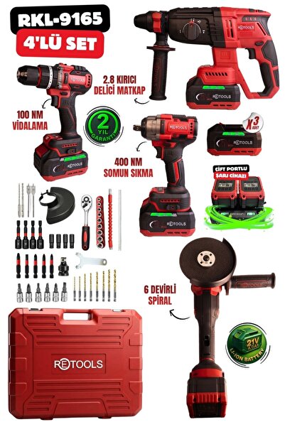 RETOOLS Profesyonel Bordo Yeni Seri 4'lü Set (100 Nm Vidalama ve 6 Devirli Sp...