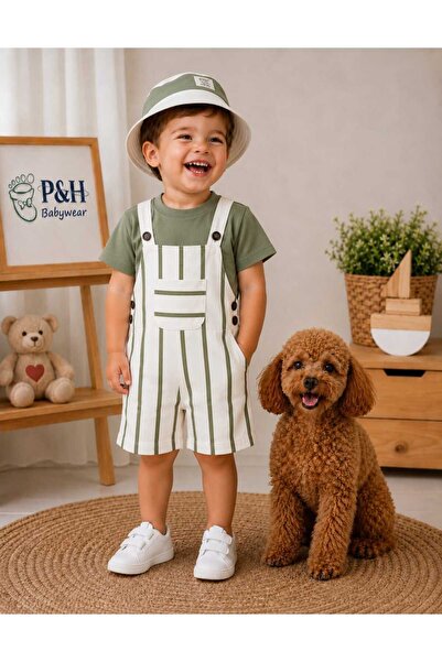 P&H BABYWEAR طقم سالوبيت صيفي للأولاد الصغار مع قبعة سفاري مخططة وحزام كتف