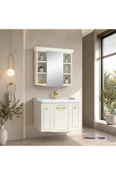 KALE Arte+ 80 Cm Parlak Beyaz Banyo Dolabı Takımı (Altın Kulp)