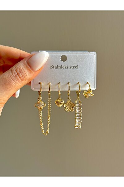 YOUES JEWELRY ÇELİK KADIN 6'LI KÜPE SETİ 14K RENK GOLD