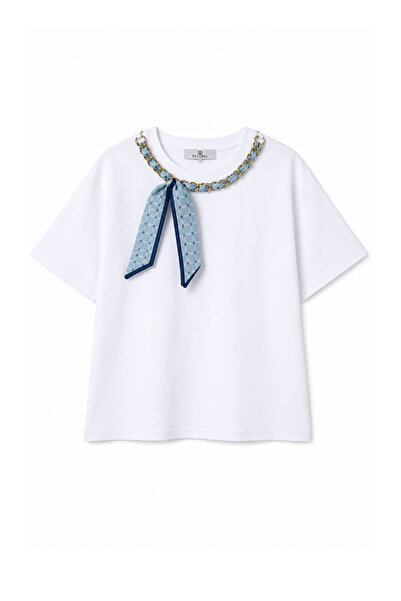 DI LORIA Women's White Chain and Scarf Detailed Oversize Short Sleeve T-Shirt...