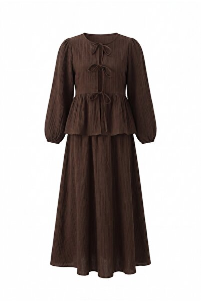 Modamorfo Set kimono crinkle cu mâneci legate în față și fustă elastică - maro