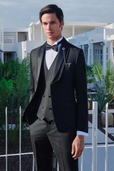 İmza Siyah Kılıç Yaka Düz Desen 6 Drop Slim Fit Esnek Takım Elbise 1001260292