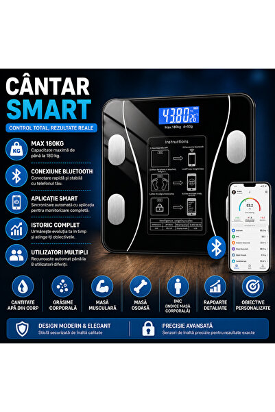 SMARTECH Cantar corporal inteligent, cu diagnostic si termometru, Bluetooth, ...
