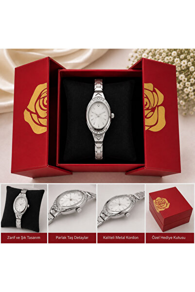 seraptakidunyasi Kadın Kol Saati Oval Kasa Gümüş Renk Metal Kordon Quartz Ana...