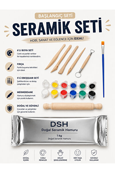 DSH Doğal Seramik Hamuru Seramik Hamuru Başlangıç Seti 3- 6lı Boya 5li Ebeşua...