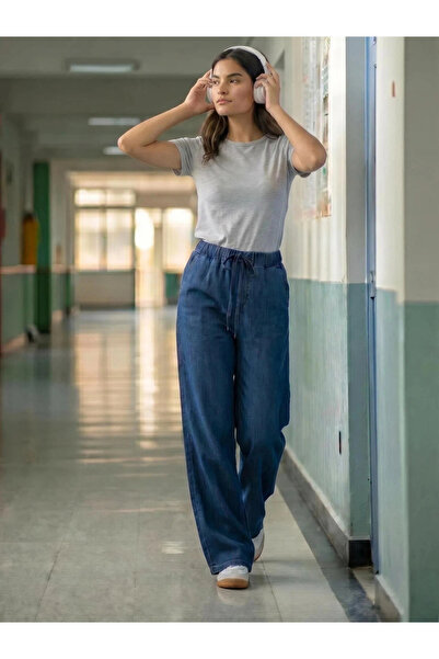 Styli Wide Leg Drawstring Jeans with Pockets