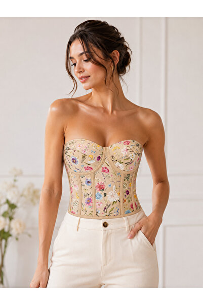 FİYPER Bustieră cu model floral în culoarea pielii, cu legături