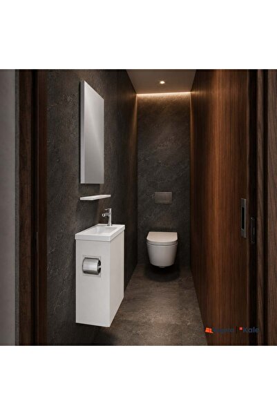 KALE Minimalist Beyaz 50 cm Alt Dolap, Lavabo, Etejer ve Aynalı Banyo Seti