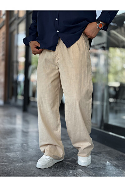BYBASICMAN Bej Keten Baggy Pantolon GJ-17237