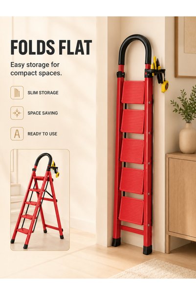 Waite Payging 5 Step Ladder, Steel Folding Ladder Stool with Tool Rack, Non-Slip Treads, Folding Ladder for Home