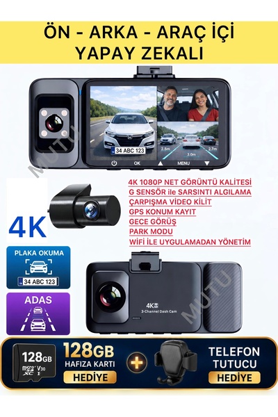 MUTU K02 PROMAX 4K 1080P Full HD 3 Kameralı GPS G Sensör Wifi Gece Görüş Ön A...