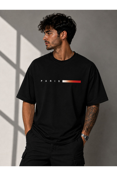 Clothify تيشيرت للجنسين مقاس كبير مطبوع عليه خطوط حمراء باريسية مصنوع من القط...