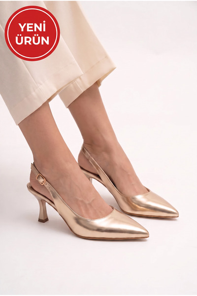 Les Chatelets Women's Gold Patent Leather Heeled Shoes |   Pointed Toe Slingb...