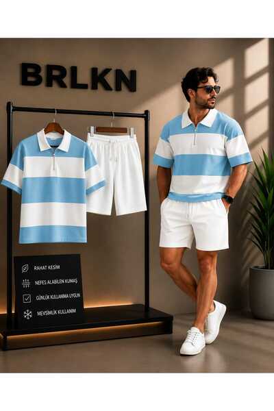 BRLKN تيشيرت صيفي بياقة بولو للجنسين - طقم شورت