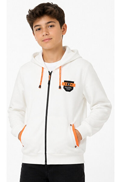 İrem Çocuk Giyim Boy/Girl Embroidered Zipper Closure Hooded Ecru Color Cardigan