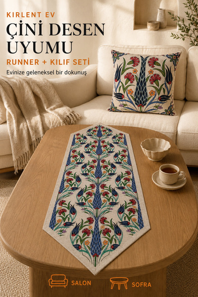 KIRLENT EV Çini Desen Goblen Dokuma Runner Ve Goblen Kılıf Set