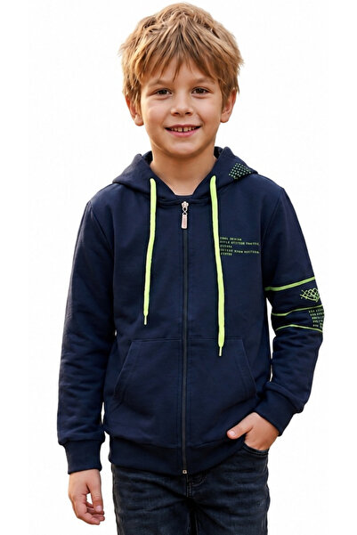 İrem Çocuk Giyim Boy's Style Letter Printed Sleeve Patterned Hooded Navy Blue...