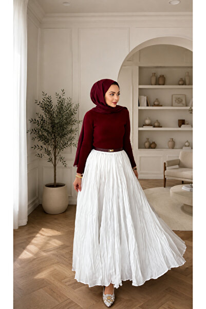 greymoda Women's White Voile Fabric Crinkled Long Lined Skirt