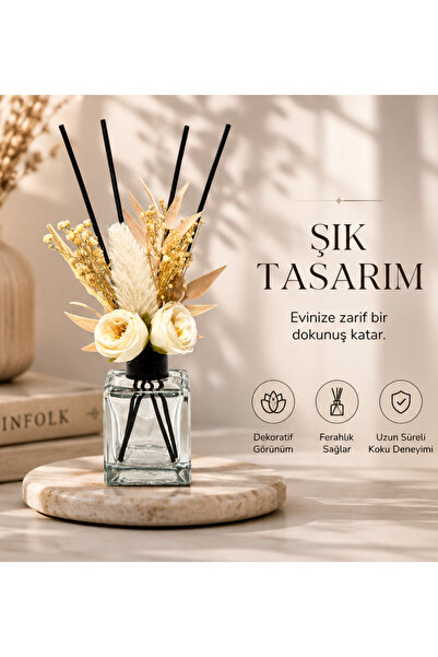 Room Fragrance Glass Square Bottle with Decorative Stick | Artificial Rose Embellished Reed Diffuser Room Fragrance Bottle Double Flower