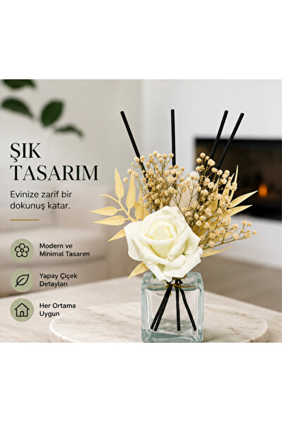 liveisthome Dekoratif Çubuklu Oda Kokusu Cam Kare Şişe | Yapay Gül Süslemeli ...