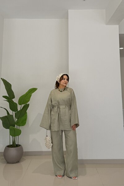CHUL Plus Size Women's Raw Linen Belted Tunic Pants Set - Green