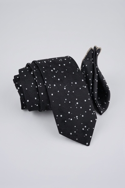 Milleniva Night Patterned Black and White Tie & Handkerchief