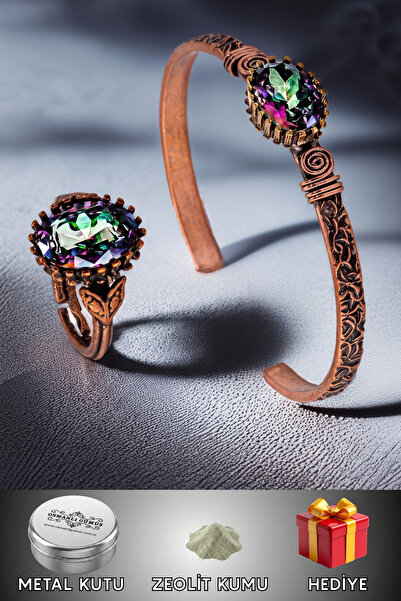 OSMANLI GÜMÜŞ Women's Copper Bracelet Ring Set - Mystic Topaz Gemstone Shuttl...