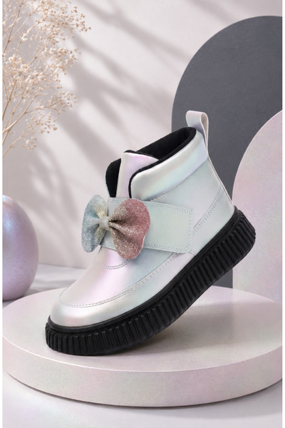 Zilvana Girl's Gray Velcro Winter Boots with Colorful Bow Detail