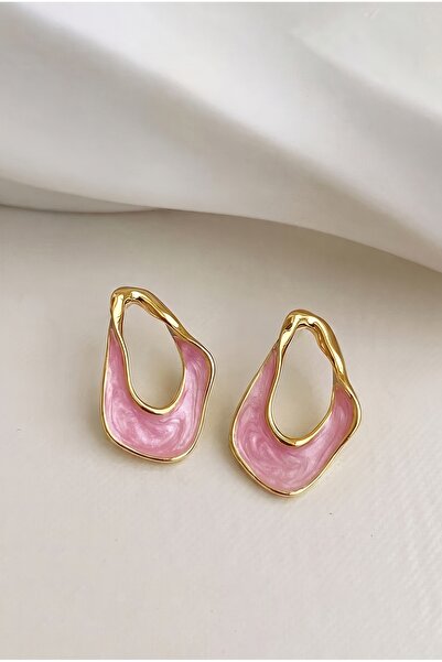 Glaren Asimetrik Pembe Mineli Altın Renk Kadın Küpe
