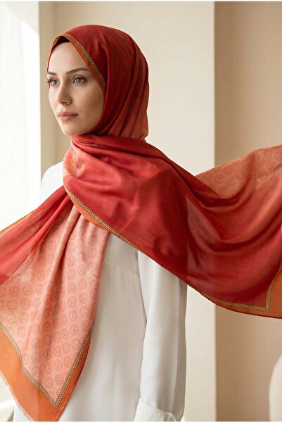Vissona %100 Saf İpek Şal İnce Saten Vual Dokuma Degradeli Ve Monogram Desenl...