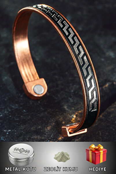 OSMANLI GÜMÜŞ Men's Women's Copper Bracelet - Black Genuine Leather Omega Pat...