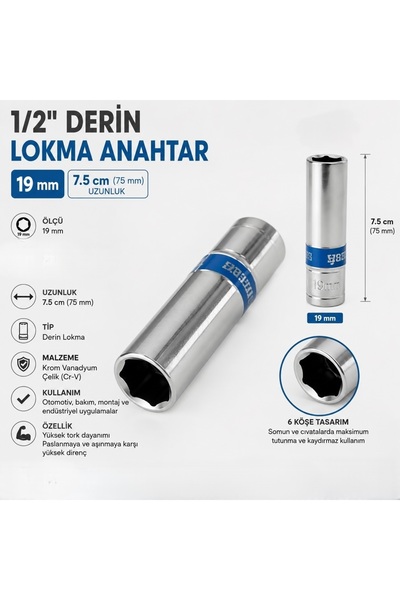 Tft Tf Tools SNX019 1/2'' Lokma Anahtarı Uzun Derin Lokma 19 mm