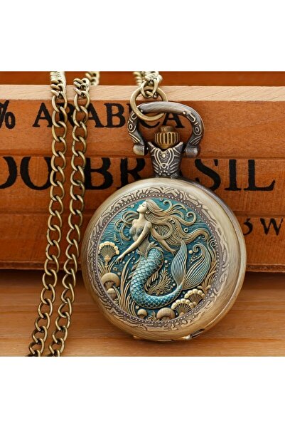 Choice ساعة جيب برونزية رائعة بتصميم حورية البحر العتيقة مع قلادة وحركة كوارت...