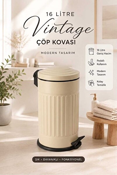 BySevil Vintage 16 Lt Pedallı Çöp Kovası Krem | Amortisörlü Kapak | Silinebil...