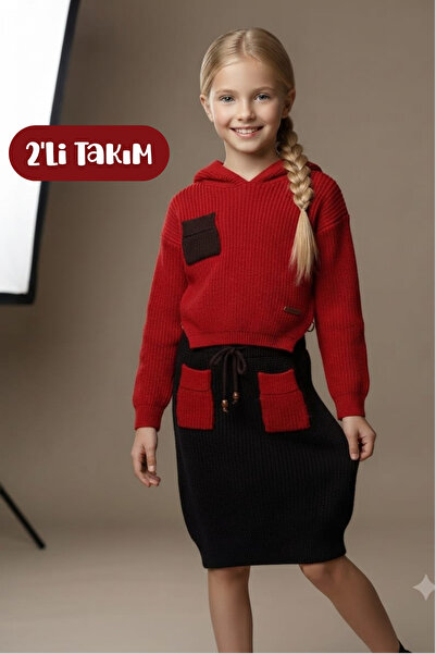 Hilal Akıncı Kids Girl's Hooded Knitwear Sweatshirt Colorful Pocket Skirt 2-P...