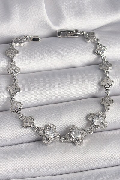 Inure Jewelry Brass Silver Color Zircon Stone Clover Model Women's Bracelet