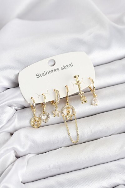 Inure Jewelry طقم أقراط نسائية من الفولاذ 316L باللون الذهبي مع تفاصيل سلسلة ...