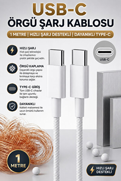 Universal USB-C Örgü Şarj Kablosu 1 Metre Hızlı Şarj Destekli Dayanıklı Type-...