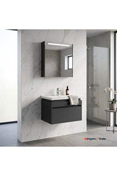 KALE Idea 2.0 65 cm Tek Çekmeceli Set Parlak Antrasit (Lavabo Dolabı + Aynalı...