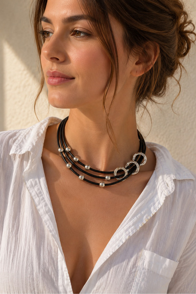 Kutcha Accessories Siyah Ve Gümüş Boncuklu Çoklu Tasarım Kolye