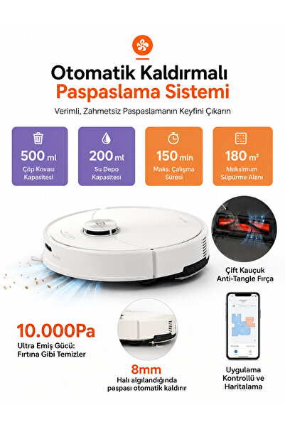 Roborock 10000 Pa Ultra Güçlü Emiş ve Çift Kauçuk Fırçalı Akıllı Robot Süpürg...